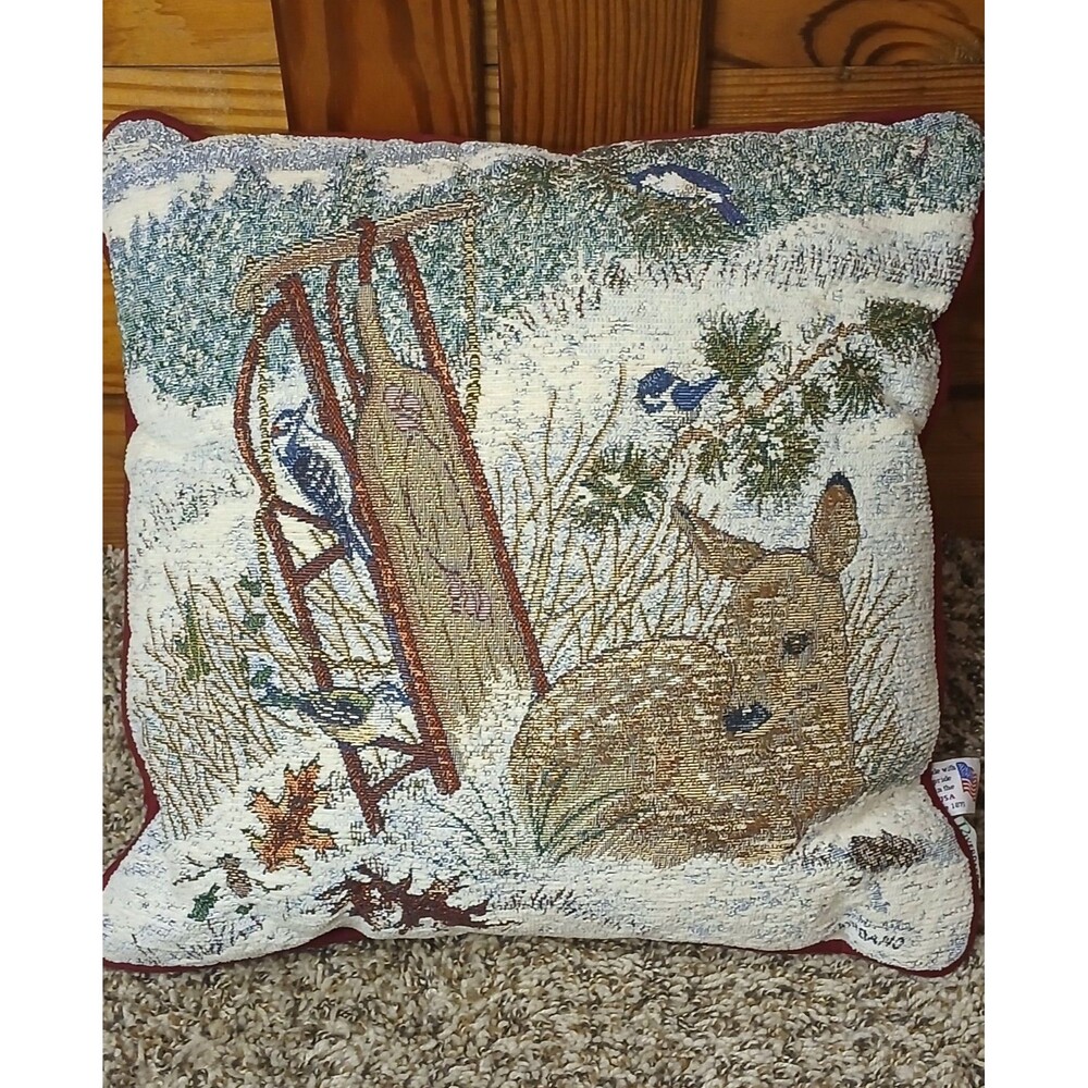 Vtg Riverdale Tapestry Christmas Throw Pillow Deer Sled Giordano 16” Excellent
